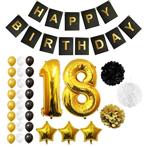 BELLE VOUS Globos Cumpleaños Happy Birthday, Suministros y Decoración Globo Grande de Aluminio - Decoración Globos De Látex Dorado, Blanco y Negro - Apto para Todos los Adultos (Age 18)