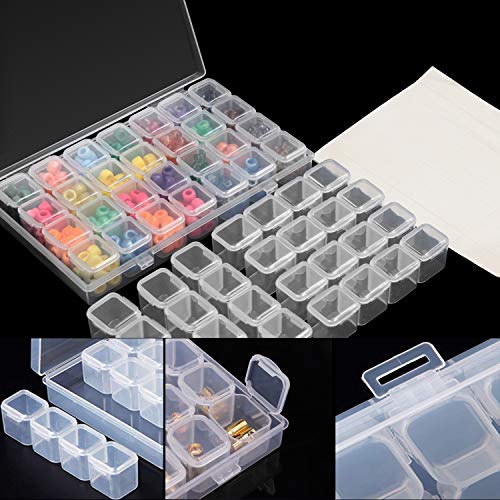Belle Vous Organizadores para Abalorios (3 Paquete) - 28 Compartimentos (11x17,5cm) Plástico 5d Diamond Pintura de Diamantes Caja con Blanco Etiqueta Adhesivo - Para Rocailles Abalorios e Manualidades