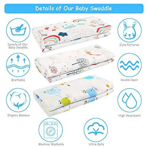 BelleStyle Mantas Swaddle Bebé, 120x120 cm Grande Mantas de Muselina de Bambú Algodón para Bebes Recién Nacidos, Envoltura de Muselina Mantas - Paquete de 3