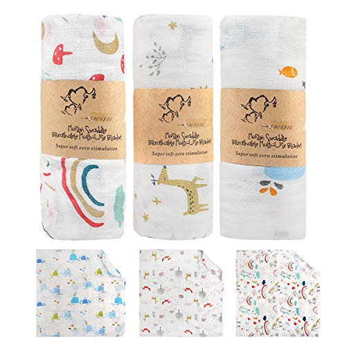 BelleStyle Mantas Swaddle Bebé, 120x120 cm Grande Mantas de Muselina de Bambú Algodón para Bebes Recién Nacidos, Envoltura de Muselina Mantas - Paquete de 3