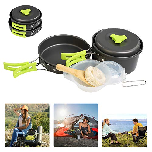 BelleStyle Utensilios Cocina Camping, 1-2 Personas Ligero y Portátil Utensilios de Cocina Camping Pots Set para Exteriores Cámping Mochilero Excursionismo Picnic (9 Piezas)