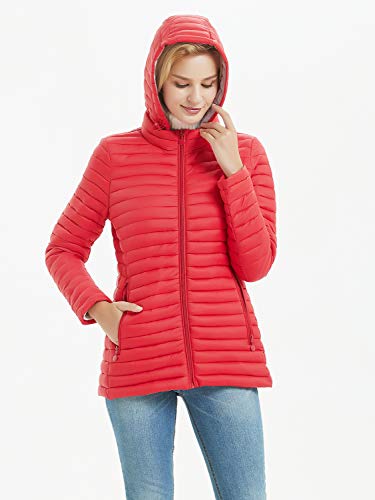 Bellivera Chaqueta con Capucha Acolchada para Mujer. Tiene 2 Bolsillos con Cremallera Ocultas, Chaqueta Inflada con Relleno de Algodón, es Resistente al Agua, Apropiado para Otoño e Invierno, Rojo, L