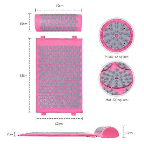 Belmalia Esterilla Acupresión Kit | Esterilla de Masaje | Alfombra Acupresion con Almohada | Rosa Negro