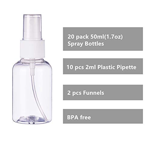BENECREAT 20 Pack 50ml Botella Plástica Transparente Vacía de Aerosol de Niebla de Gota con Gotero de Transferencia Líquida y Embudo Envase Rellenable para Productos de Belleza
