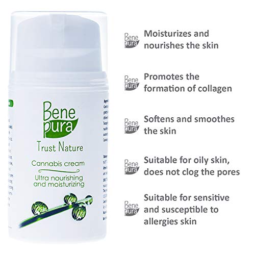 BenePura Crema Facial De Cannabis 50 ml-Ultra Hidratante y Nutritivo-Contra las Arrugas, Adecuado para Pieles Grasas-Sin Pruebas en Animales,Libre de Parabeno,Sin Gluten, Vegano, Hecho a mano en la UE