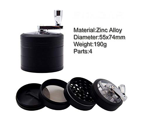 Benrise Metal aleación de zinc 55 mm de cuatro capas de manivela para fumar con mango de vainilla y especias trituradora de aluminio para tabaco y la mayoría de hierbas (negro)