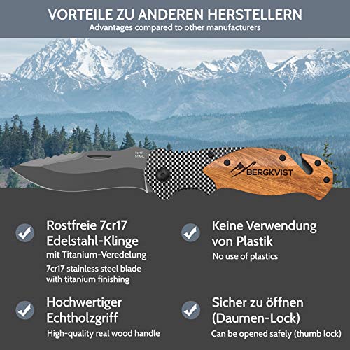 BERGKVIST® Navaja de Bolsillo K20 Navaja Plegable Afilada I Cuchillo Supervivencia con Mango de Madera I Navajas de albacete con Hoja de Titanio de Acero Inoxidable Incl. Piedra de afilar