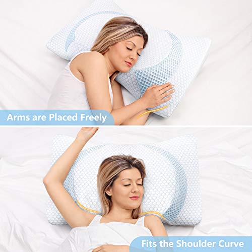 BESFAN Almohada Cervical viscoelastica 2 Alturas, Almohada Viscoelastica Espuma Ortopedica, Almohada de Diseño Ergonómico Especialmente para Acostarse sobre la Espalda y de Lado 2pcs Funda Almohada