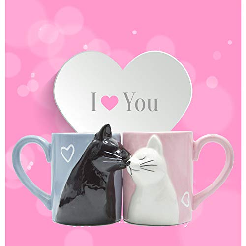 Beso gato Sistema de la taza de los pares del café,Conjunto de taza de cerámica de té divertido único para la novia y el novio, regalo a juego Para Cumpleaños,Aniversario,Boda,Día de San Valentín