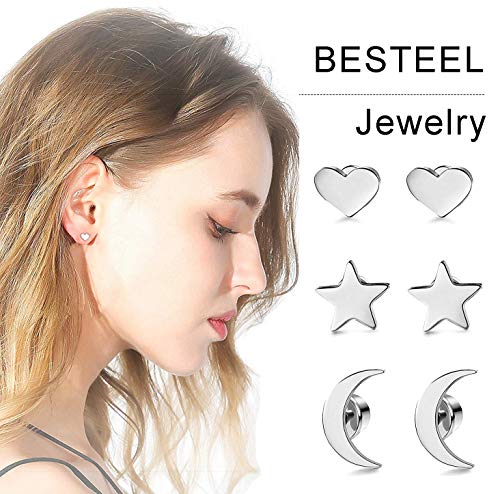 BESTEEL 3 Pares Acero Inoxidable Pendientes de Estrella Luna y Corazón de las Mujeres Aretes Pendientes Piercing Cartilago Joyería de Moda