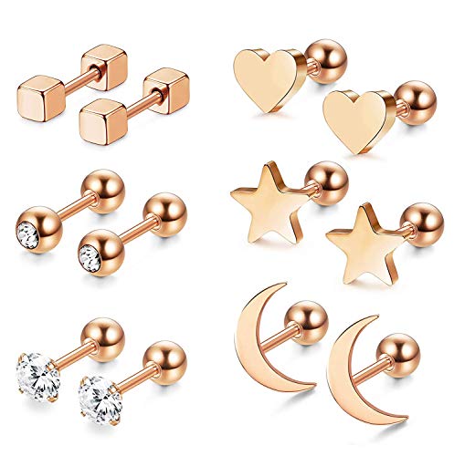 BESTEEL 6 Pares Acero Inoxidable Pendientes de Estrella Luna y Corazón de las Mujeres Aretes Pendientes Piercing Cartilago Joyería de Moda