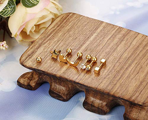 BESTEEL 6 Pares Acero Inoxidable Pendientes de Estrella Luna y Corazón de las Mujeres Aretes Pendientes Piercing Cartilago Joyería de Moda