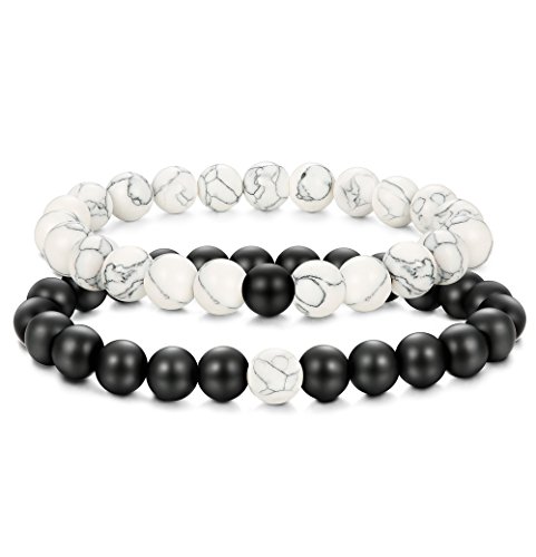 Besteel "Distancia Pulsera Piedra Pulseras Hombre Mujer Pareja Brazalete Blanca Turquesa Relación Pulsera Amor con Tarjeta de Palabras del Amor, Ajustable