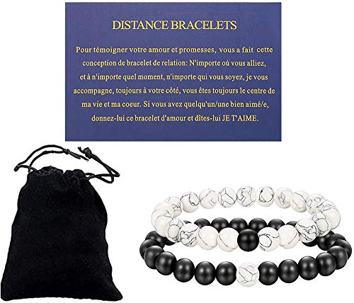 Besteel "Distancia Pulsera Piedra Pulseras Hombre Mujer Pareja Brazalete Blanca Turquesa Relación Pulsera Amor con Tarjeta de Palabras del Amor, Ajustable