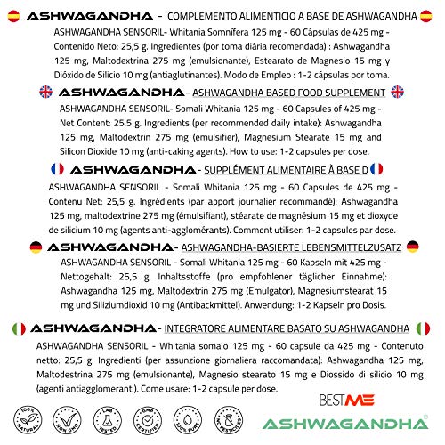Bestme Ashwagandha Orgánica Sensoril ® I Rico en Whitanolidos I Extracto de Alta Potencia 8X I Calidad Premium Ashwagandha I Suplemento Ayurveda I Ginseng Indio I Withania Somnifera I 60 cápsulas