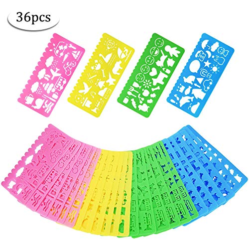 BESTZY 36 Piezas Plantillas de dibujo de plástico Regla, Plantillas de Dibujo de Plástico Conjunto para Niños, Dibujo Plantilla Stencil para Niños Aprender Viaje Regalo