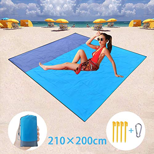 BETECK Alfombras de Playa, 210x200CM Manta de Picnic Impermeable con 4 Estaca Fijo para Jardín Parque Piscina Acampada Viaje al Aire Libre (Azul)