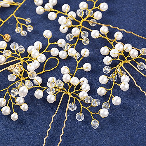 BETESSIN Kit Perla Tocado de Novia para Pelo - 1pc Tiaras de Novia Cristal Diadema Nupcial de Flores Corona + 4pcs Horquillas para Pelo para Boda Fiesta Velada(Dorado, 50cm, + 4pcs horquillas)