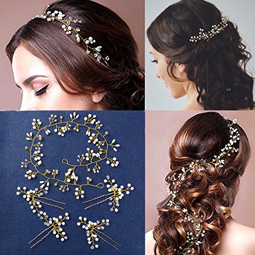 BETESSIN Kit Perla Tocado de Novia para Pelo - 1pc Tiaras de Novia Cristal Diadema Nupcial de Flores Corona + 4pcs Horquillas para Pelo para Boda Fiesta Velada(Dorado, 50cm, + 4pcs horquillas)
