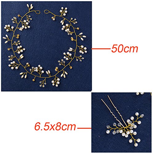 BETESSIN Kit Perla Tocado de Novia para Pelo - 1pc Tiaras de Novia Cristal Diadema Nupcial de Flores Corona + 4pcs Horquillas para Pelo para Boda Fiesta Velada(Dorado, 50cm, + 4pcs horquillas)