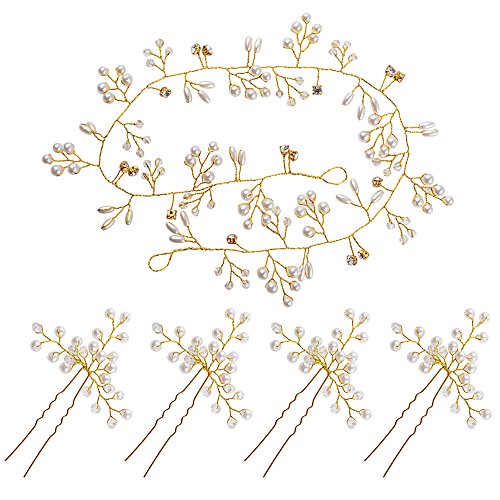 BETESSIN Kit Perla Tocado de Novia para Pelo - 1pc Tiaras de Novia Cristal Diadema Nupcial de Flores Corona + 4pcs Horquillas para Pelo para Boda Fiesta Velada(Dorado, 50cm, + 4pcs horquillas)