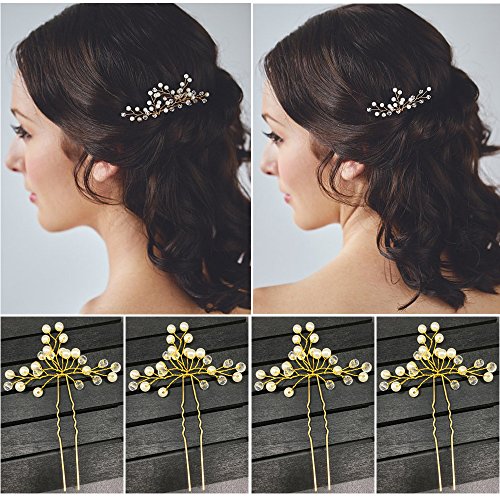 BETESSIN Kit Perla Tocado de Novia para Pelo - 1pc Tiaras de Novia Cristal Diadema Nupcial de Flores Corona + 4pcs Horquillas para Pelo para Boda Fiesta Velada(Dorado, 50cm, + 4pcs horquillas)
