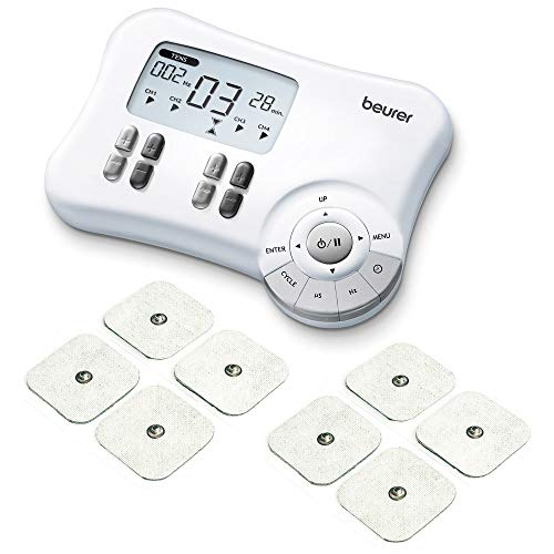 Beurer EM80 - Electroestimulador Digital, para aliviar el dolor muscular y el fortalecimiento muscular, masaje EMS TENS, 4 canales, 8 electrodos autoadhesivos, 20 programas libres, color blanco