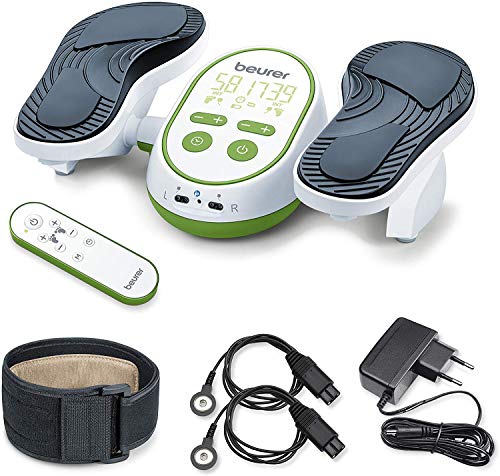 Beurer FM250 Aparato de masaje ems para pies y piernas, promueve la circulación y relaja la tensión muscular, 6 electrodos, 2 canales, temporizador, color blanco verde