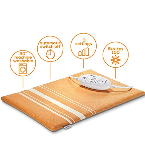 Beurer HK35 Almohadilla eléctrica térmica con funda, calentamiento ultrarápido, función apagado automático 90 minutos, PVC, funda lavable, 3 potencias, display iluminado, 40 x 30 cm, Naranja