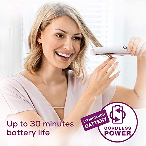Beurer HS20 Plancha cabello sin cable, compacta, para viajar, revestimiento de cerámica, 3 nivelas temperatura, pantalla LED, sistema calentamiento rápido, batería litio, rosa claro