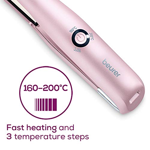 Beurer HS20 Plancha cabello sin cable, compacta, para viajar, revestimiento de cerámica, 3 nivelas temperatura, pantalla LED, sistema calentamiento rápido, batería litio, rosa claro