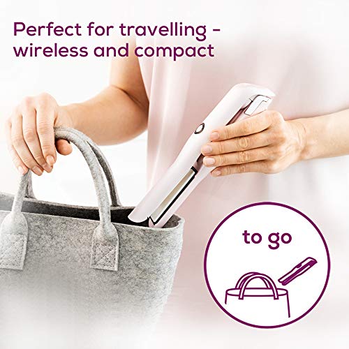 Beurer HS20 Plancha cabello sin cable, compacta, para viajar, revestimiento de cerámica, 3 nivelas temperatura, pantalla LED, sistema calentamiento rápido, batería litio, rosa claro