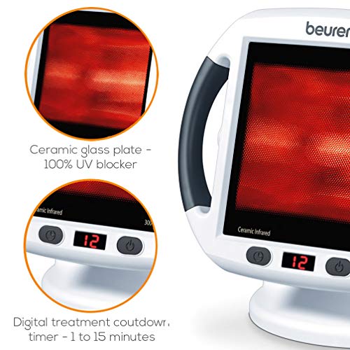Beurer IL50 Lámpara por infrarrojos compacta, 300 W, cristal cerámico, inclinación ajustable, con ventilador, alivio para dolores musculares, cervicales, color blanco, cristal 30 x 40 cm