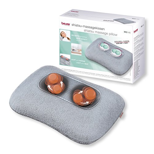 Beurer MG145 - Almohada de masaje Shiatsu con función color para relajar la musculatura, extra suave y confortable, 4 cabezales de masaje rotatorios, funda lavable, 12 W, Plateado