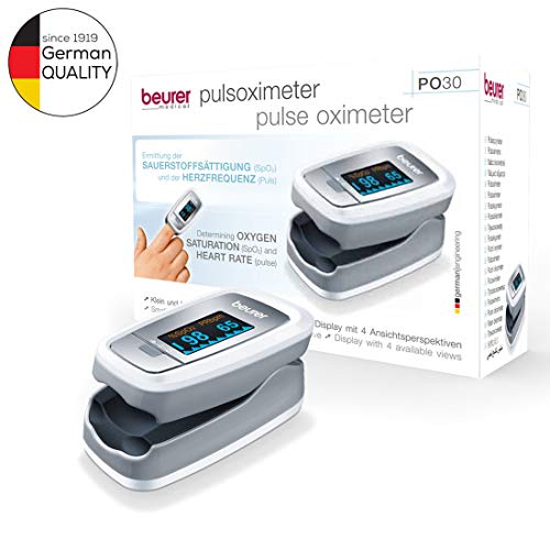 Beurer PO 30 - Pulsioxímetro de dedo para la medición de la saturación de oxigeno en la sangre y el pulso, 61 x 36 x 32 mm, 57 gr, color blanco y plata