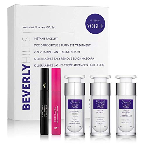 Beverly Hills - Kit Facial Antiedad para Mujer: Lifting Facial Instantáneo, Sérum Antiedad, Tratamiento para las Ojeras y las Bolsas de los Ojos, Sérum Pestañas y Rímel Negro
