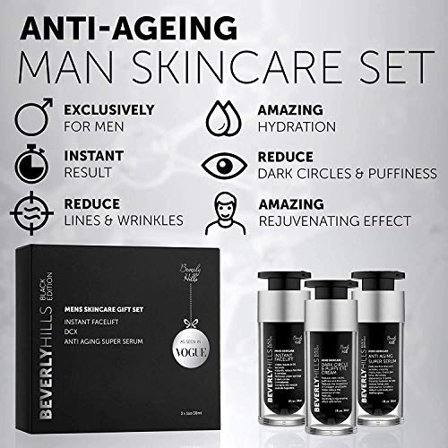Beverly Hills - Set de Cuidado Antiedad para la Piel del Hombre: Lifting Facial Instantáneo, Crema para Ojeras y Bolsas de los Ojos, y Supersérum Facial Antiedad (30 ml Cada Uno)