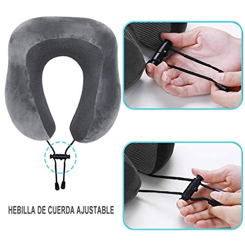 BICASLOVE Almohada de Viaje,Viscoelástica de Espuma de Memoria,Almohada de Cuello,Almohada Ortopédica Cervical,con Máscara de Ojos,Tapones y Bolsa con Cordón,para el Uso del Avión y el Hogar(Gris)