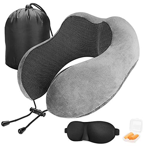 BICASLOVE Almohada de Viaje,Viscoelástica de Espuma de Memoria,Almohada de Cuello,Almohada Ortopédica Cervical,con Máscara de Ojos,Tapones y Bolsa con Cordón,para el Uso del Avión y el Hogar(Gris)