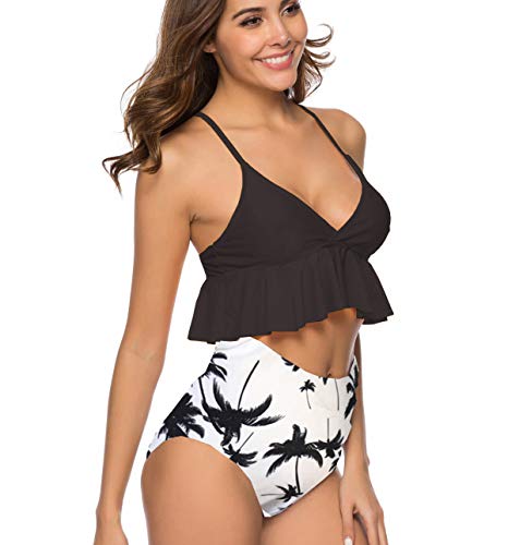 Bikini Talle Alto Volantes Push Up Mujer Piñas Trajes de Baño Flores de Dos Piezas Biquini Braga Alta Vikini Bañador Piscina Playa Trikini Mujeres Bikinis Cintura Alta Señora Natacion Negro M