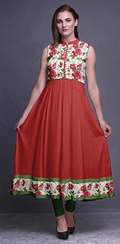 Bimba Floral Rojo del lápiz Labial Impreso Women Designer Collar del mandarín Anarkali Vestido de India étnicas Kurta X-Small