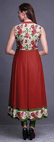 Bimba Floral Rojo del lápiz Labial Impreso Women Designer Collar del mandarín Anarkali Vestido de India étnicas Kurta X-Small