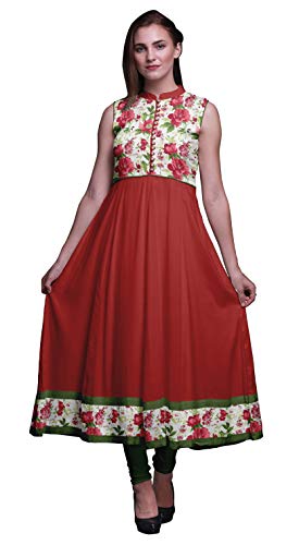 Bimba Floral Rojo del lápiz Labial Impreso Women Designer Collar del mandarín Anarkali Vestido de India étnicas Kurta X-Small