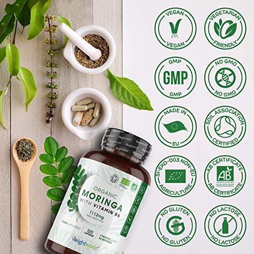 Bio Moringa Oleifera Orgánica Pura Alta Dosis 1112 mg - Antiflamatorio natural y Antioxidante, Activa Sistema Inmune, Aumenta Energía y Metabolismo, Con Vitamina B6, Mejora Digestión, 120 Cápsulas