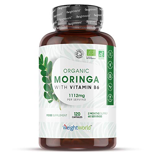 Bio Moringa Oleifera Orgánica Pura Alta Dosis 1112 mg - Antiflamatorio natural y Antioxidante, Activa Sistema Inmune, Aumenta Energía y Metabolismo, Con Vitamina B6, Mejora Digestión, 120 Cápsulas