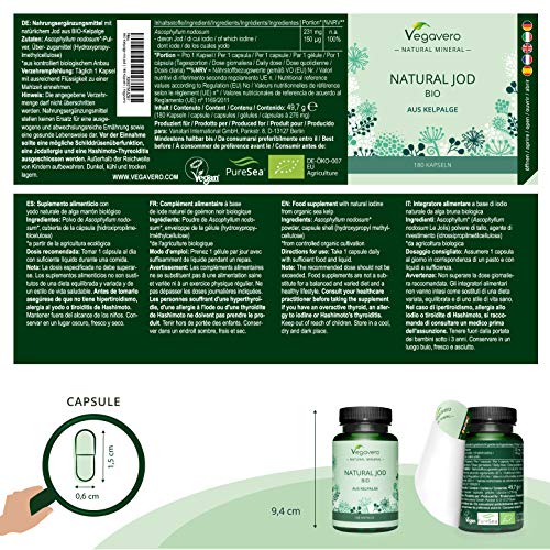 BIO Yodo Natural Vegavero® | 150 mcg=100% CDR | Sin Aditivos Artificiales | Procedente de Algas Marinas | Tiroides + Drenaje + Metabolismo* | 180 Cápsulas | Hipotiroidismo | Thyroid Energy