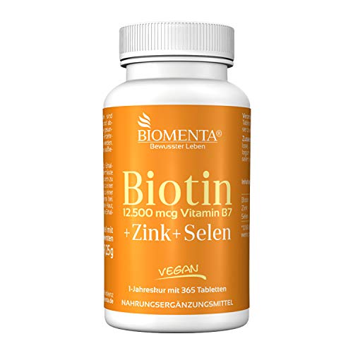 BIOMENTA BIOTINA 12.500 µg + ZINC + SELENIO | para saludable Piel, Cabello y Uñas | 365 VEGANO Biotina Pastillas | durante un año