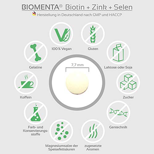 BIOMENTA BIOTINA 12.500 µg + ZINC + SELENIO | para saludable Piel, Cabello y Uñas | 365 VEGANO Biotina Pastillas | durante un año