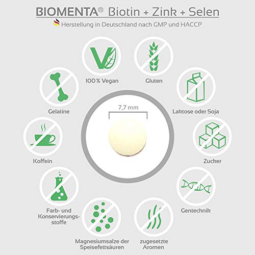 BIOMENTA BIOTINA 12.500 µg + ZINC + SELENIO | para saludable Piel, Cabello y Uñas | 365 VEGANO Biotina Pastillas | durante un año