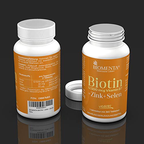 BIOMENTA BIOTINA 12.500 µg + ZINC + SELENIO | para saludable Piel, Cabello y Uñas | 365 VEGANO Biotina Pastillas | durante un año